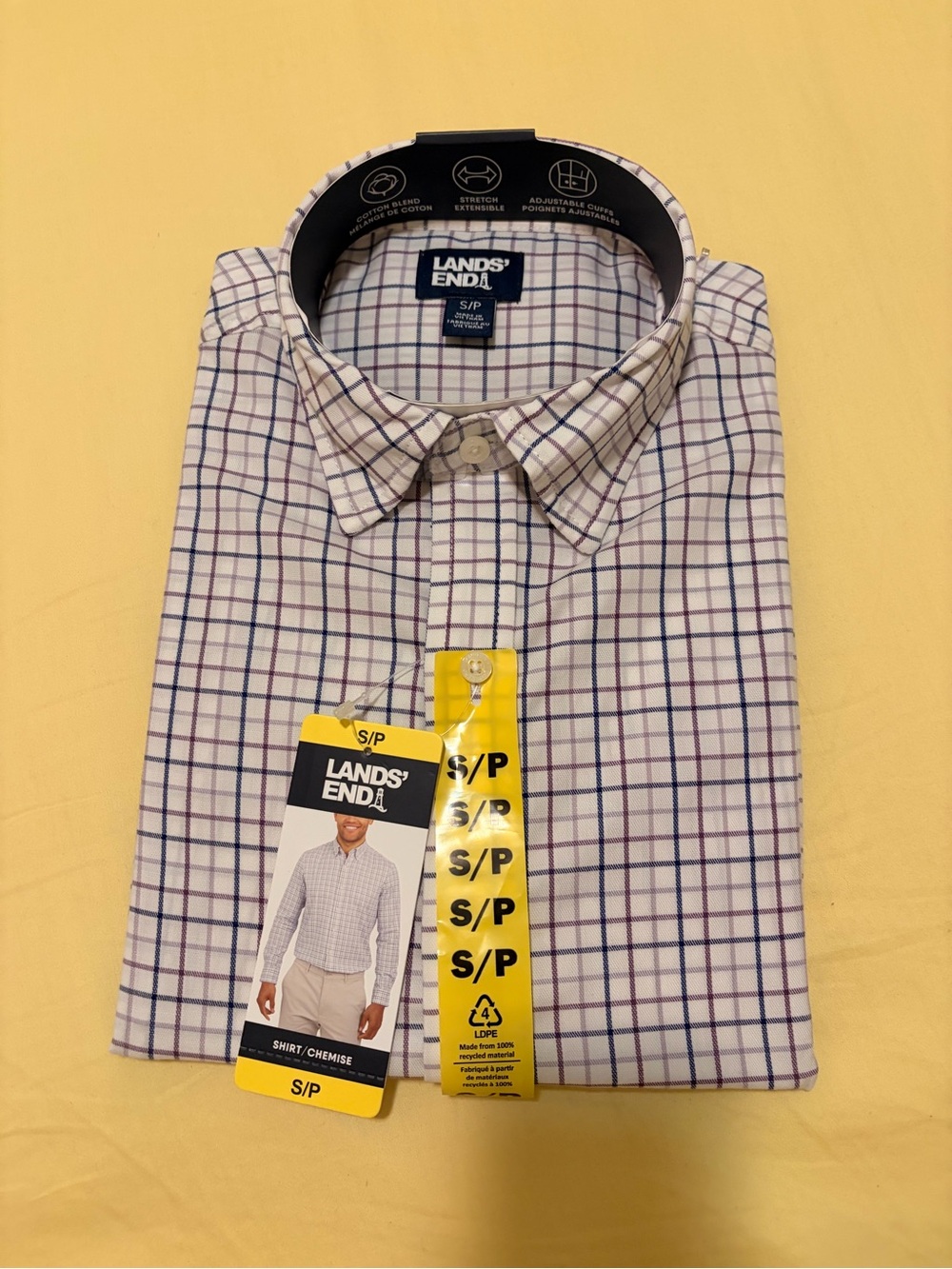 Lands' End Men's White Plaid Dress Shirt with Navy and Burgundy Lines